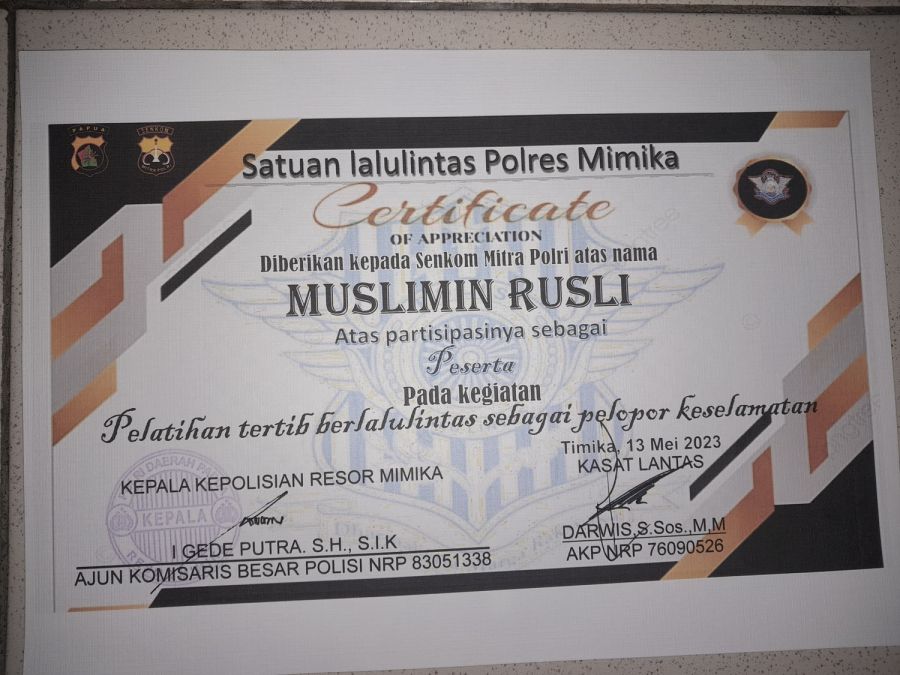 Bidang Telematika Senkom Dapat Sertifikat Of Appreciation dari Polres Mimika  